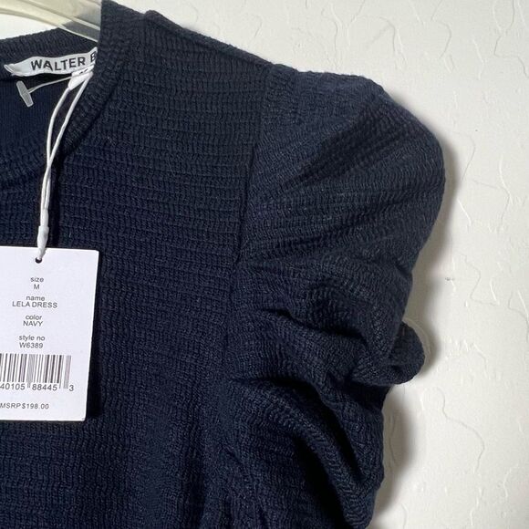 Walter Baker Dress Midi Long Sleeve Navy Blue Gathered Shoulder Puff Stretch M - Picture 14 of 16